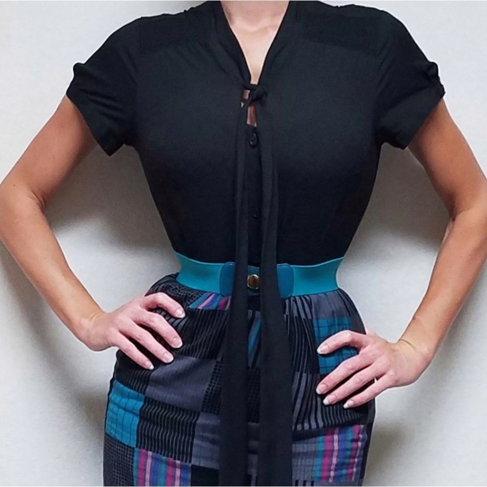 Ms. Interpret Vintage 70s Black Lavallière Patchwork Pencil Skirt Belted Outfit - Picture 3 of 16